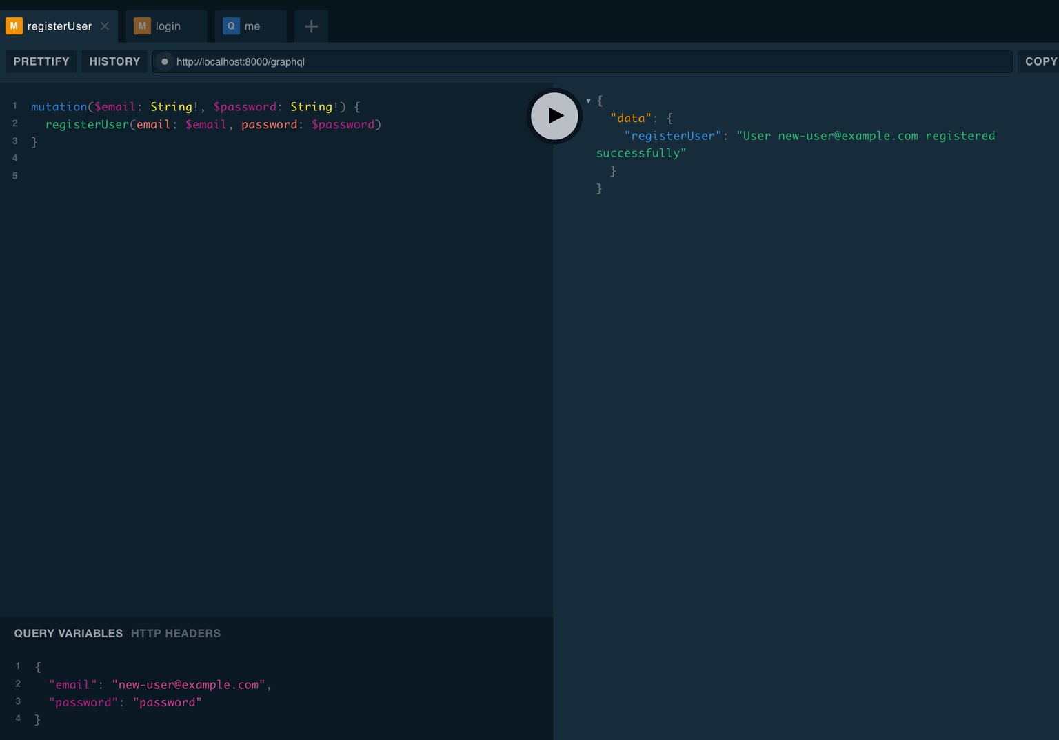 GraphQL Playground - User Registration